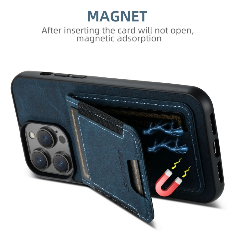 For iPhone 16 Plus Suteni H03 Litchi Leather Card Bag Stand Back Phone Case(Blue) For iPhone 16 Plus Suteni H03 Litchi Leather Card Bag Stand Back Phone Case(Blue)