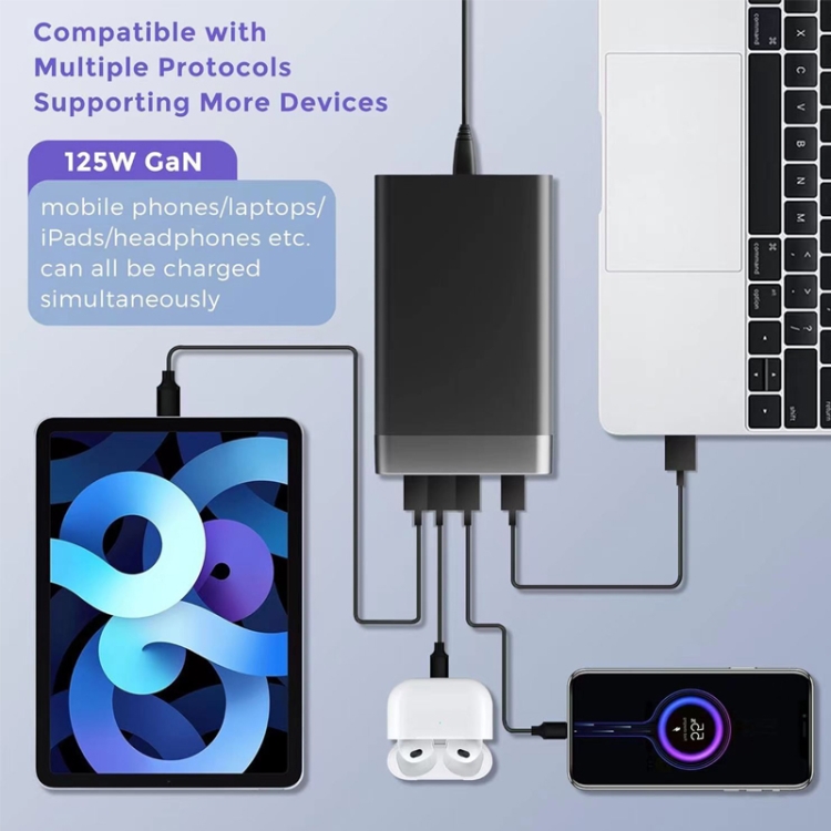 GAN 125W PD65W Dual Type-C + QC3.0 USB Multi Compatible Notebook Adapter EU Plug GAN 125W PD65W Dual Type-C + QC3.0 USB Multi Compatible Notebook Adapter EU Plug