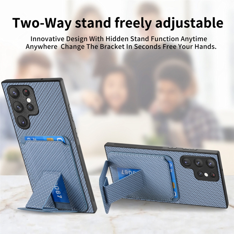 For Samsung Galaxy S24 Ultra 5G Carbon Fiber Card Bag Fold Stand Phone Case(Blue)
