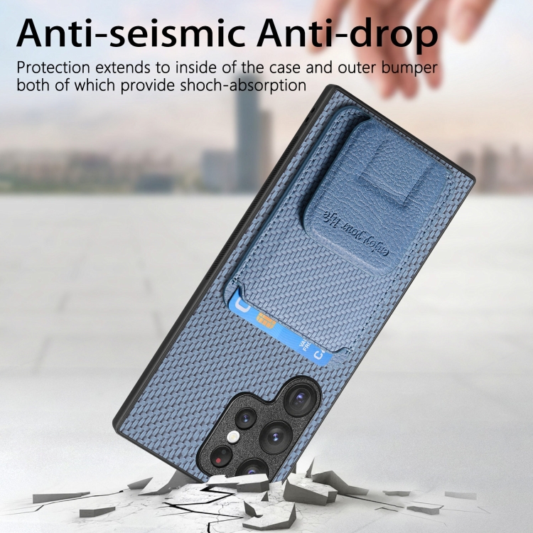 For Samsung Galaxy S24 Ultra 5G Carbon Fiber Card Bag Fold Stand Phone Case(Blue)