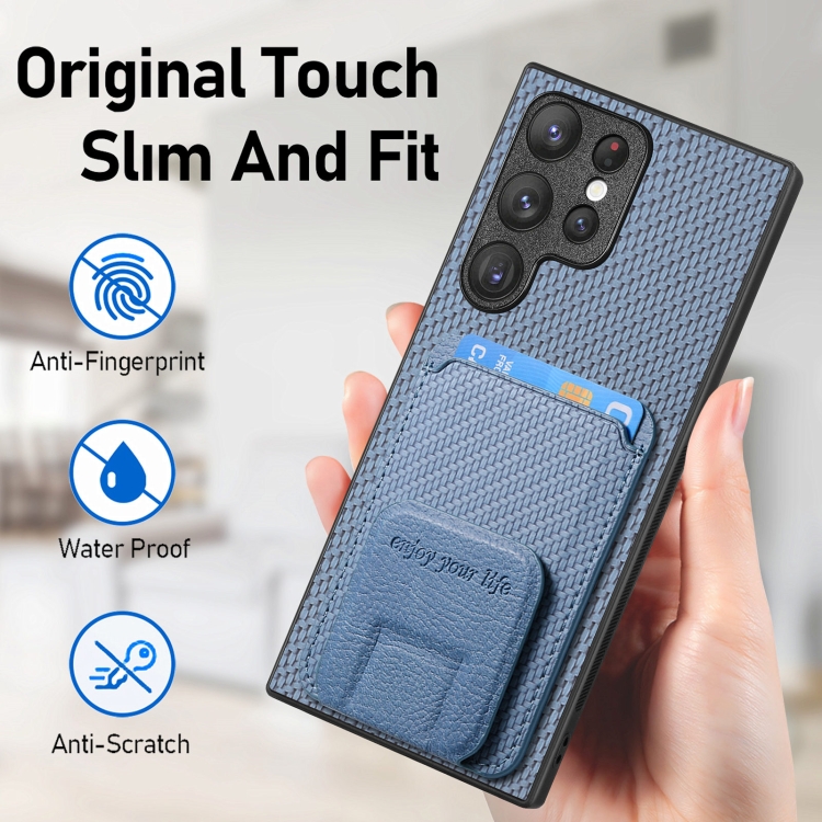 For Samsung Galaxy S24 Ultra 5G Carbon Fiber Card Bag Fold Stand Phone Case(Blue)