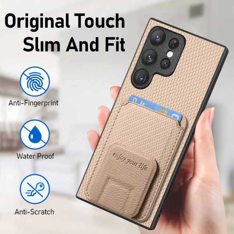 For Samsung Galaxy S24 5G Carbon Fiber Card Bag Fold Stand Phone Case(Khaki) For Samsung Galaxy S24 5G Carbon Fiber Card Bag Fold Stand Phone Case(Khaki)