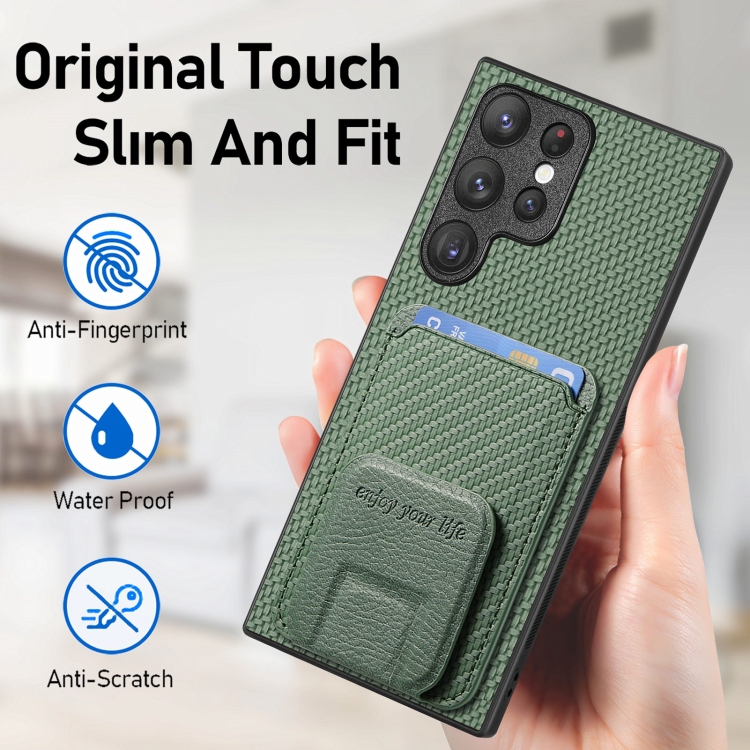 For Samsung Galaxy S23 Ultra 5G Carbon Fiber Card Bag Fold Stand Phone Case(Green)