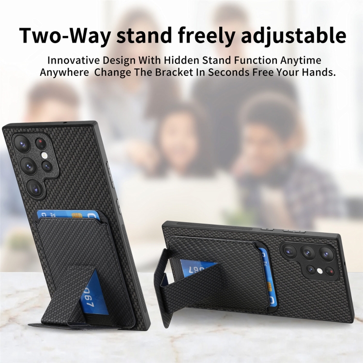 For Samsung Galaxy S22 Ultra 5G Carbon Fiber Card Bag Fold Stand Phone Case(Black) For Samsung Galaxy S22 Ultra 5G Carbon Fiber Card Bag Fold Stand Phone Case(Black)