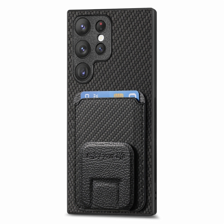 For Samsung Galaxy S22 Ultra 5G Carbon Fiber Card Bag Fold Stand Phone Case(Black) For Samsung Galaxy S22 Ultra 5G Carbon Fiber Card Bag Fold Stand Phone Case(Black)