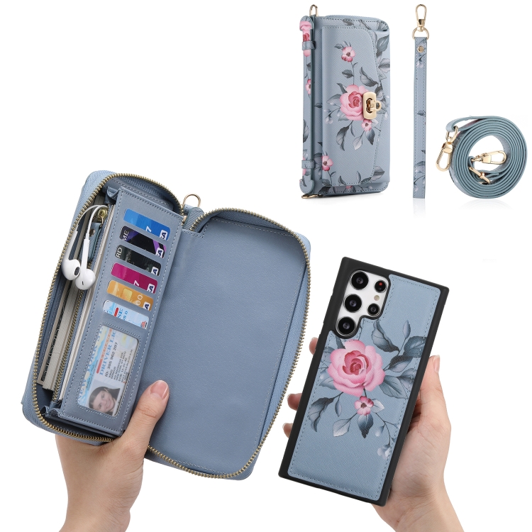 For Samsung Galaxy S22+ 5G Flower Multi-functional Crossbody Zipper Wallet Leather Phone Case(Blue)
