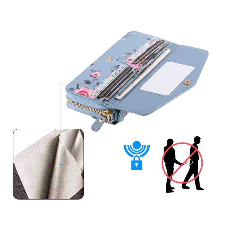 For Samsung Galaxy S22+ 5G Flower Multi-functional Crossbody Zipper Wallet Leather Phone Case(Blue)