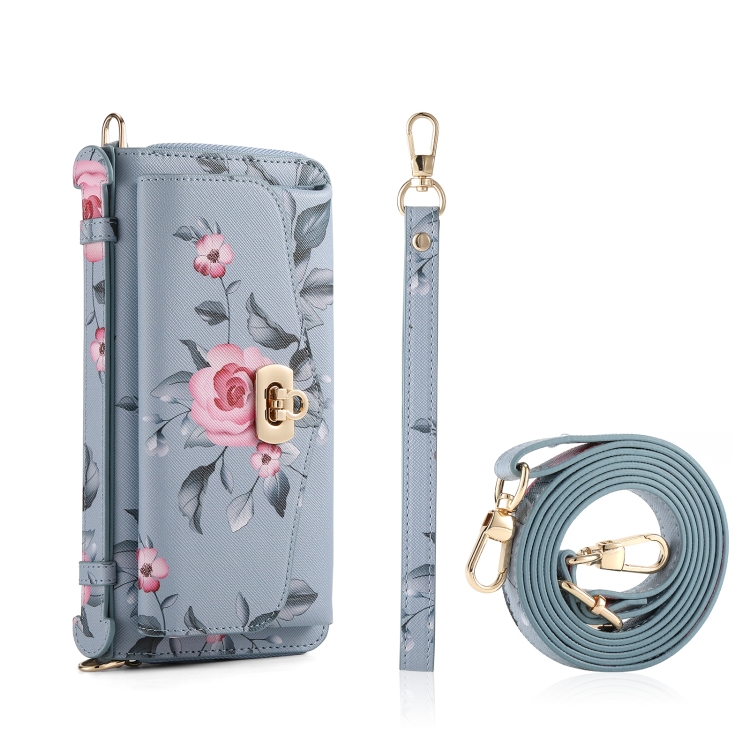 For Samsung Galaxy S22+ 5G Flower Multi-functional Crossbody Zipper Wallet Leather Phone Case(Blue)