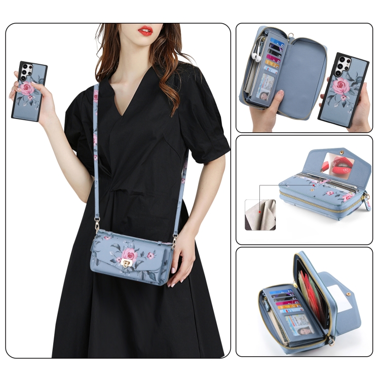 For Samsung Galaxy S22+ 5G Flower Multi-functional Crossbody Zipper Wallet Leather Phone Case(Blue)