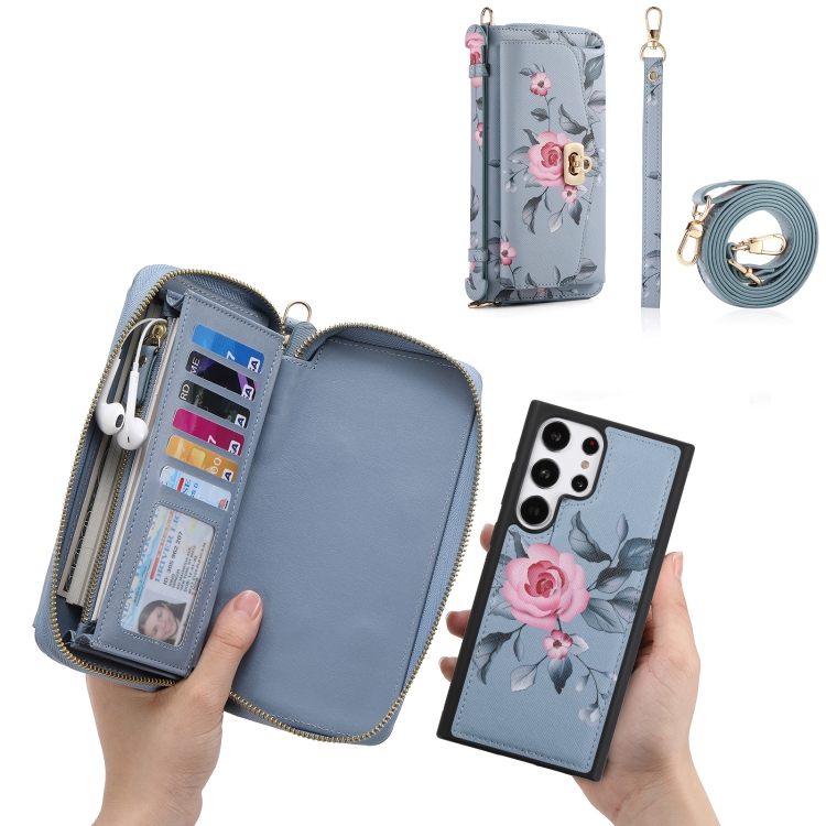 For Samsung Galaxy S23+ 5G Flower Multi-functional Crossbody Zipper Wallet Leather Phone Case(Blue)