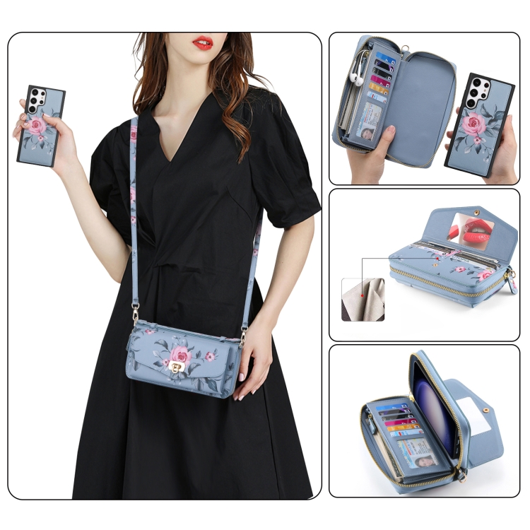 For Samsung Galaxy S23+ 5G Flower Multi-functional Crossbody Zipper Wallet Leather Phone Case(Blue)