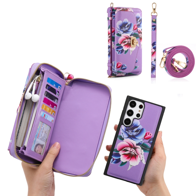 For Samsung Galaxy S23 Ultra 5G Flower Multi-functional Crossbody Zipper Wallet Leather Phone Case(Purple) For Samsung Galaxy S23 Ultra 5G Flower Multi-functional Crossbody Zipper Wallet Leather Phone Case(Purple)
