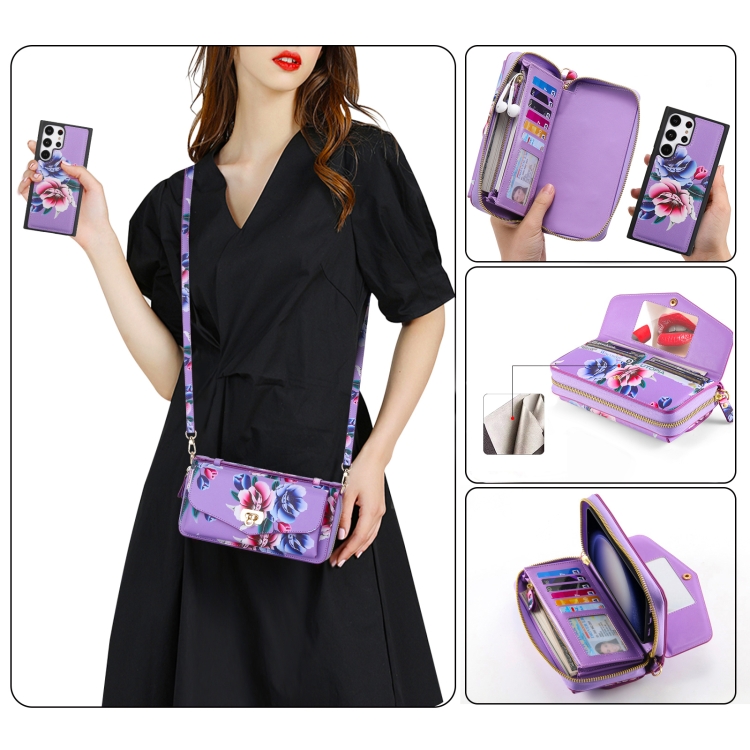 For Samsung Galaxy S23 Ultra 5G Flower Multi-functional Crossbody Zipper Wallet Leather Phone Case(Purple) For Samsung Galaxy S23 Ultra 5G Flower Multi-functional Crossbody Zipper Wallet Leather Phone Case(Purple)