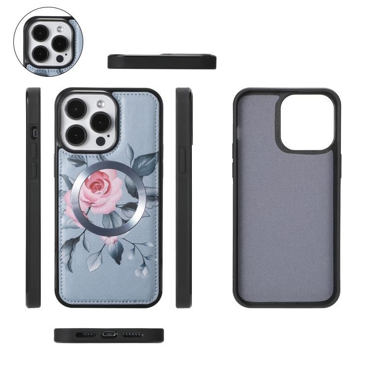 For iPhone 15 Flower Multi-functional Crossbody Zipper Wallet MagSafe Leather Phone Case(Blue) For iPhone 15 Flower Multi-functional Crossbody Zipper Wallet MagSafe Leather Phone Case(Blue)