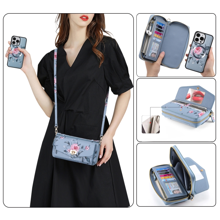For iPhone 15 Flower Multi-functional Crossbody Zipper Wallet MagSafe Leather Phone Case(Blue) For iPhone 15 Flower Multi-functional Crossbody Zipper Wallet MagSafe Leather Phone Case(Blue)