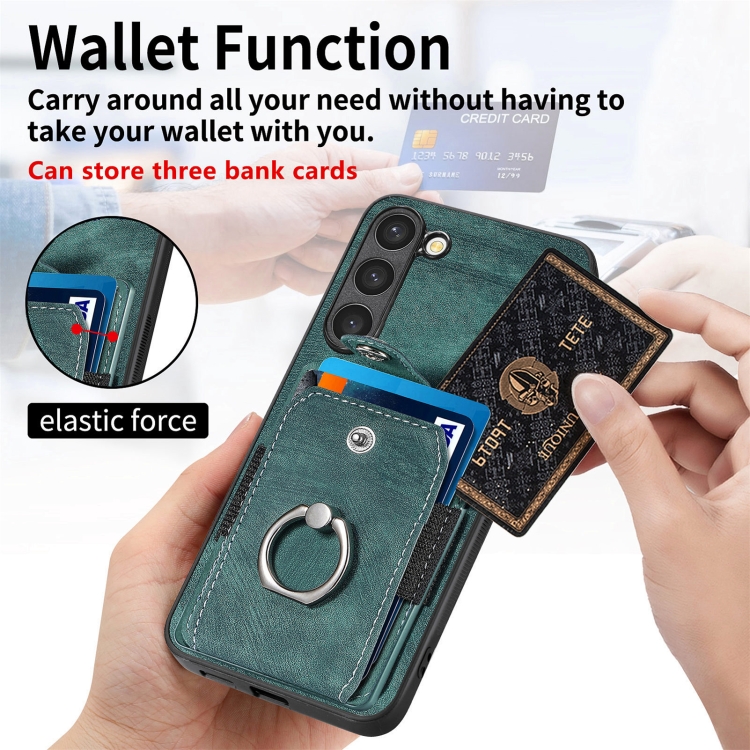 For Samsung Galaxy S23+ 5G Retro Skin-feel Ring Card Wallet Phone Case(Green) For Samsung Galaxy S23+ 5G Retro Skin-feel Ring Card Wallet Phone Case(Green)