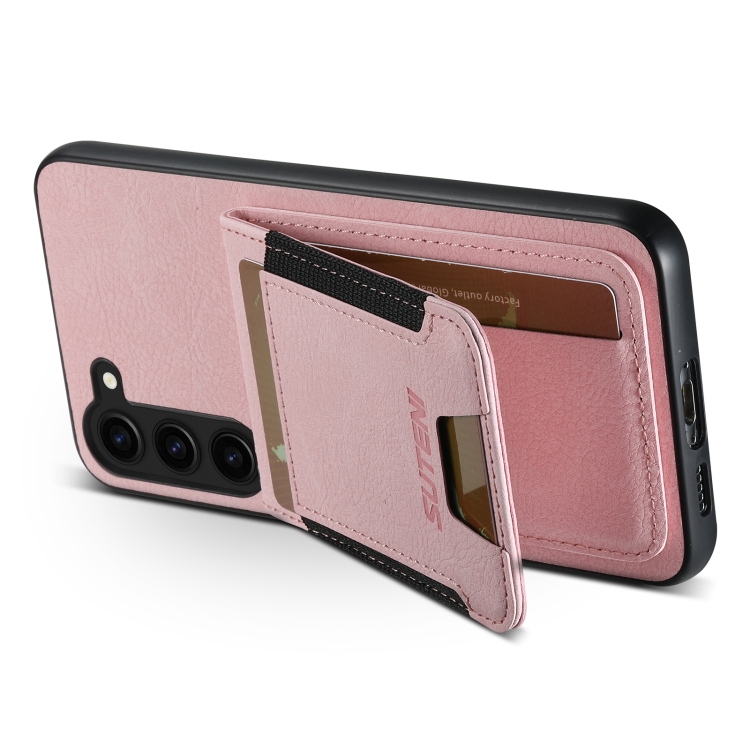 For Samsuny Galaxy S24+ 5G Suteni H03 Litchi Leather Card Bag Stand Back Phone Case(Pink)