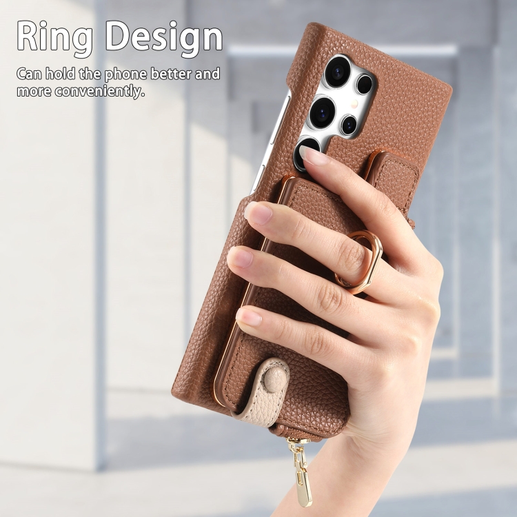 For Samsung Galaxy S24 Ultra 5G Litchi Leather Oil Edge Ring Zipper Wallet Back Phone Case(Brown) For Samsung Galaxy S24 Ultra 5G Litchi Leather Oil Edge Ring Zipper Wallet Back Phone Case(Brown)
