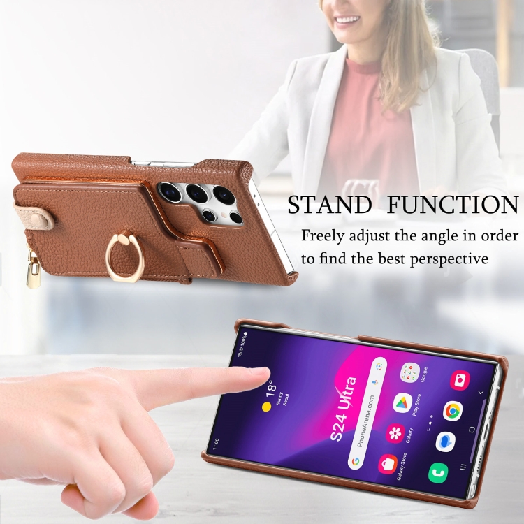 For Samsung Galaxy S24 Ultra 5G Litchi Leather Oil Edge Ring Zipper Wallet Back Phone Case(Brown) For Samsung Galaxy S24 Ultra 5G Litchi Leather Oil Edge Ring Zipper Wallet Back Phone Case(Brown)