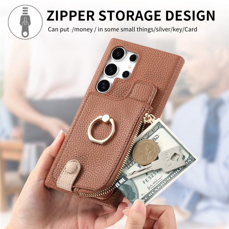 For Samsung Galaxy S24 Ultra 5G Litchi Leather Oil Edge Ring Zipper Wallet Back Phone Case(Brown) For Samsung Galaxy S24 Ultra 5G Litchi Leather Oil Edge Ring Zipper Wallet Back Phone Case(Brown)