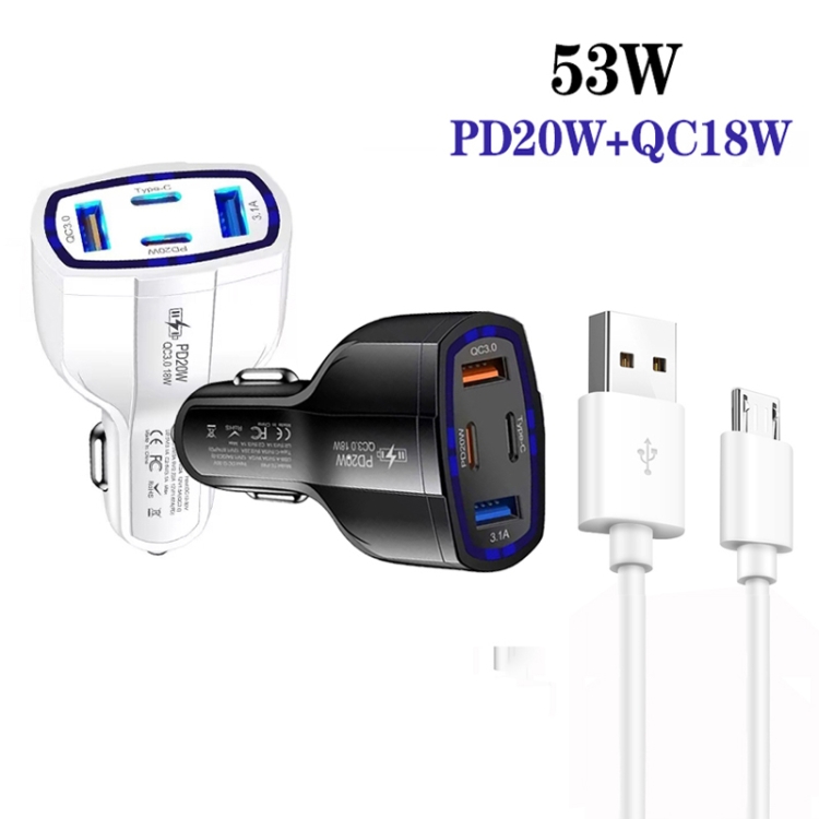 P49 53W PD20W Type-C + USB 4-port Car Charger with USB to Micro USB Data Cable(White) P49 53W PD20W Type-C + USB 4-port Car Charger with USB to Micro USB Data Cable(White)
