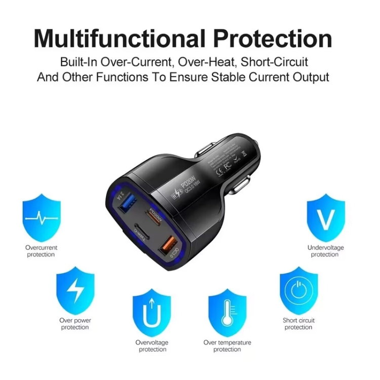 P49 53W PD20W Type-C + USB 4-port Car Charger with USB to Micro USB Data Cable(White) P49 53W PD20W Type-C + USB 4-port Car Charger with USB to Micro USB Data Cable(White)