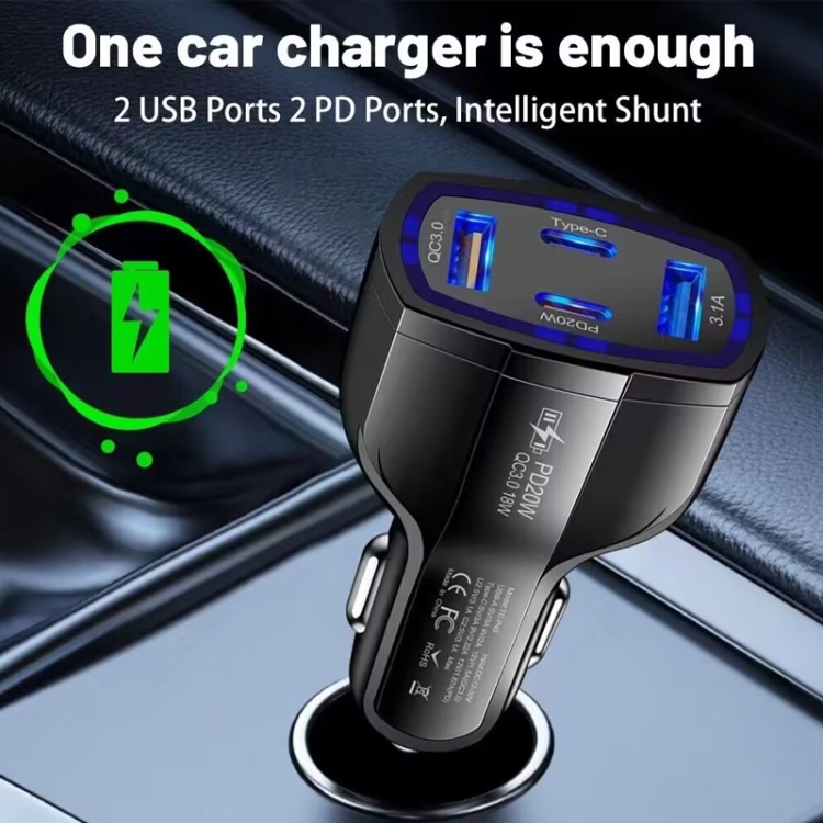 P49 53W PD20W Type-C + USB 4-port Car Charger with USB to Type-C Data Cable(White) P49 53W PD20W Type-C + USB 4-port Car Charger with USB to Type-C Data Cable(White)