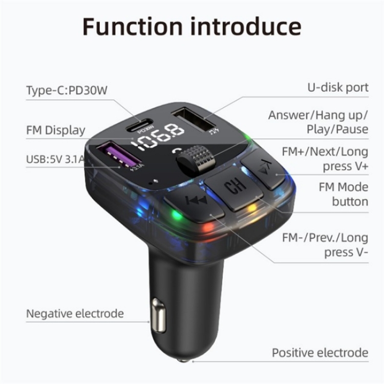 C57 PD Type-C + Dual USB Car Charger Colorful Light Car Bluetooth Adapter FM Transmitter C57 PD Type-C + Dual USB Car Charger Colorful Light Car Bluetooth Adapter FM Transmitter