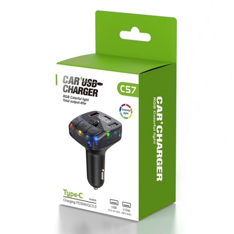 C57 PD Type-C + Dual USB Car Charger Colorful Light Car Bluetooth Adapter FM Transmitter C57 PD Type-C + Dual USB Car Charger Colorful Light Car Bluetooth Adapter FM Transmitter