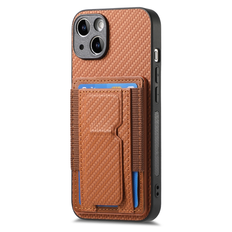For iPhone 15 Carbon Fiber Fold Stand Elastic Card Bag Phone Case(Brown) For iPhone 15 Carbon Fiber Fold Stand Elastic Card Bag Phone Case(Brown)