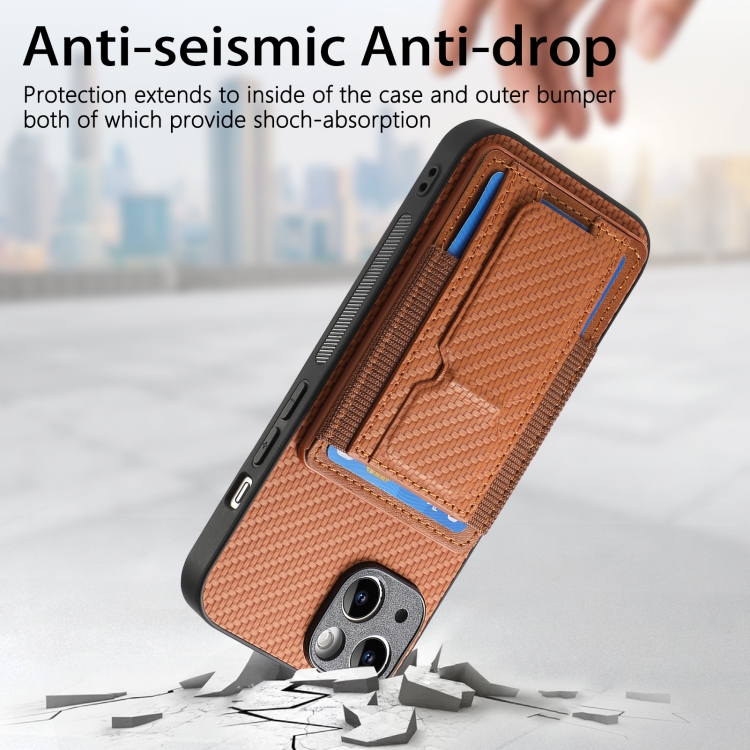 For iPhone 15 Carbon Fiber Fold Stand Elastic Card Bag Phone Case(Brown) For iPhone 15 Carbon Fiber Fold Stand Elastic Card Bag Phone Case(Brown)