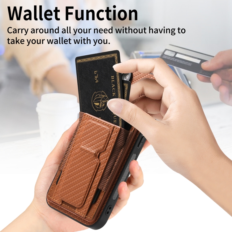For iPhone 15 Carbon Fiber Fold Stand Elastic Card Bag Phone Case(Brown) For iPhone 15 Carbon Fiber Fold Stand Elastic Card Bag Phone Case(Brown)