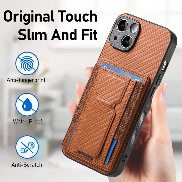 For iPhone 15 Carbon Fiber Fold Stand Elastic Card Bag Phone Case(Brown) For iPhone 15 Carbon Fiber Fold Stand Elastic Card Bag Phone Case(Brown)