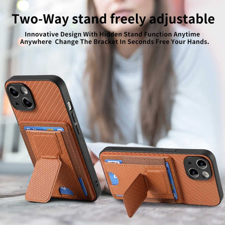 For iPhone 15 Carbon Fiber Fold Stand Elastic Card Bag Phone Case(Brown) For iPhone 15 Carbon Fiber Fold Stand Elastic Card Bag Phone Case(Brown)