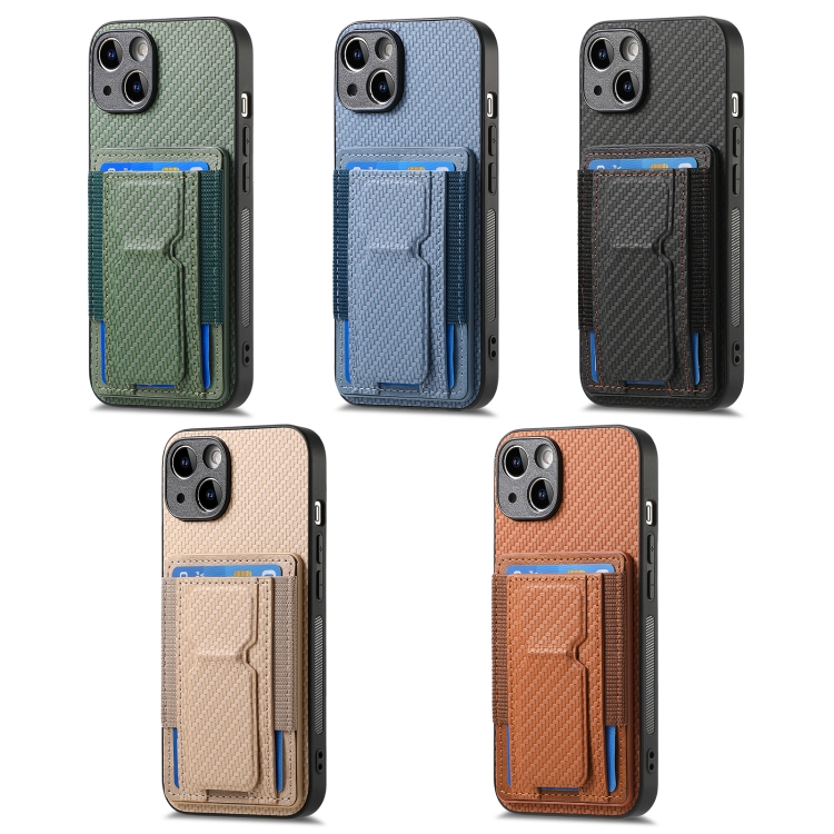 For iPhone 15 Carbon Fiber Fold Stand Elastic Card Bag Phone Case(Brown) For iPhone 15 Carbon Fiber Fold Stand Elastic Card Bag Phone Case(Brown)
