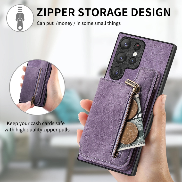 For Samsung Galaxy S23+ 5G Retro Leather Zipper Wallet Back Phone Case(Purple) For Samsung Galaxy S23+ 5G Retro Leather Zipper Wallet Back Phone Case(Purple)