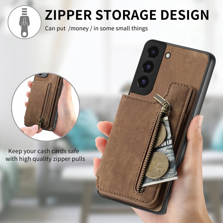 For Samsung Galaxy S22+ 5G Retro Leather Zipper Wallet Back Phone Case(Brown) For Samsung Galaxy S22+ 5G Retro Leather Zipper Wallet Back Phone Case(Brown)
