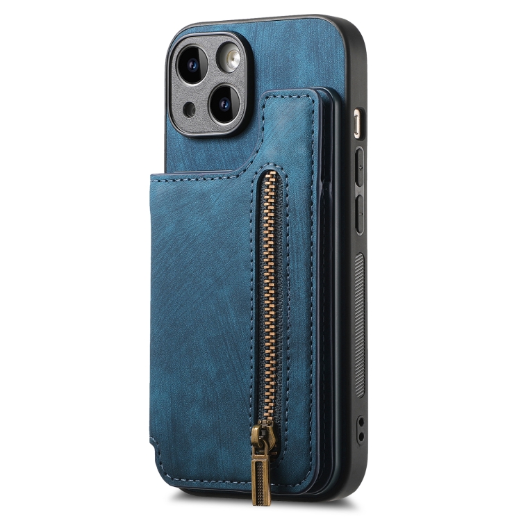For iPhone 14 Plus Retro Leather Zipper Wallet Back Phone Case(Blue) For iPhone 14 Plus Retro Leather Zipper Wallet Back Phone Case(Blue)
