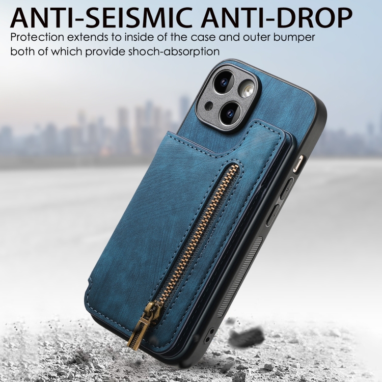 For iPhone 14 Plus Retro Leather Zipper Wallet Back Phone Case(Blue) For iPhone 14 Plus Retro Leather Zipper Wallet Back Phone Case(Blue)