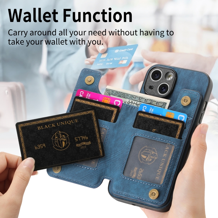 For iPhone 14 Plus Retro Leather Zipper Wallet Back Phone Case(Blue) For iPhone 14 Plus Retro Leather Zipper Wallet Back Phone Case(Blue)