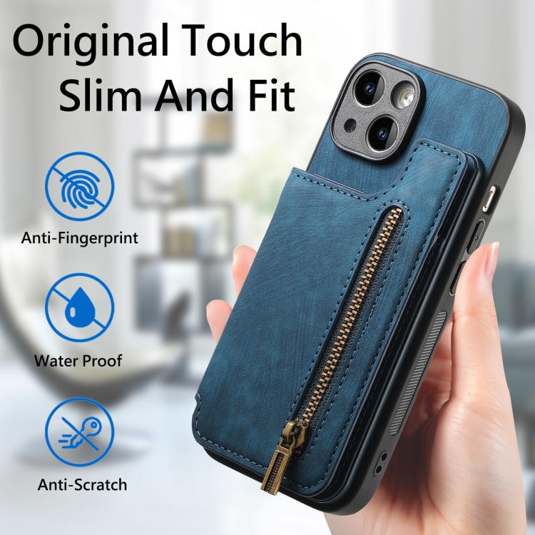 For iPhone 14 Plus Retro Leather Zipper Wallet Back Phone Case(Blue) For iPhone 14 Plus Retro Leather Zipper Wallet Back Phone Case(Blue)
