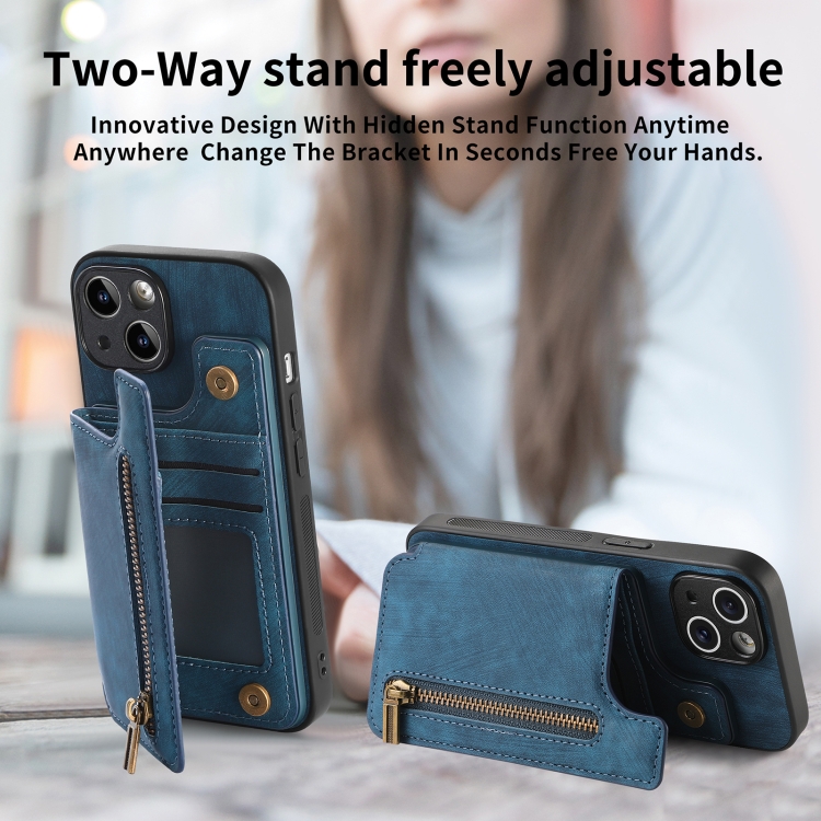 For iPhone 14 Plus Retro Leather Zipper Wallet Back Phone Case(Blue) For iPhone 14 Plus Retro Leather Zipper Wallet Back Phone Case(Blue)