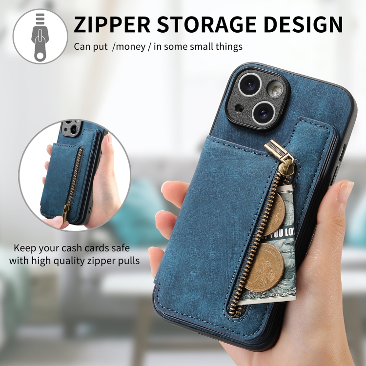 For iPhone 14 Plus Retro Leather Zipper Wallet Back Phone Case(Blue) For iPhone 14 Plus Retro Leather Zipper Wallet Back Phone Case(Blue)