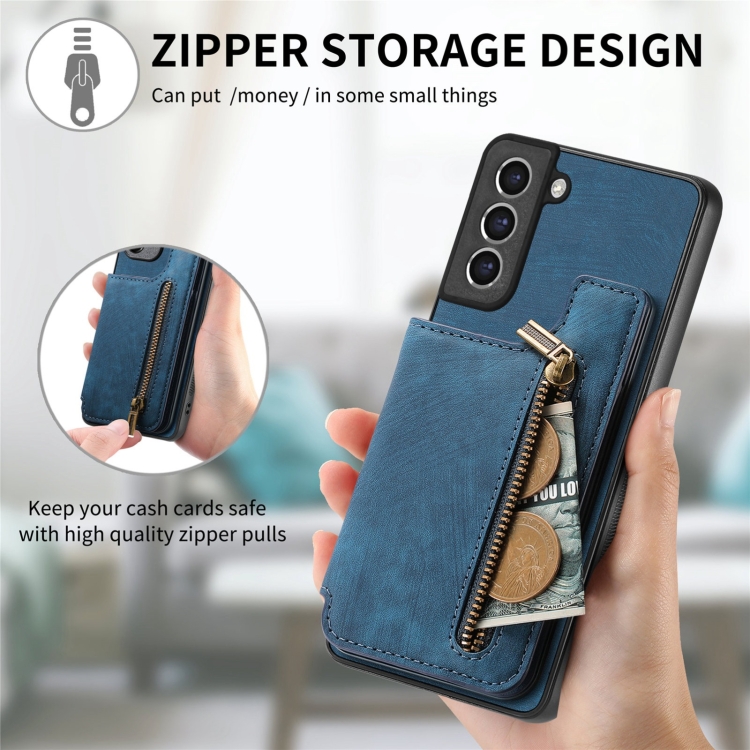 For Samsung Galaxy S21 5G Retro Leather Zipper Wallet Back Phone Case(Blue)
