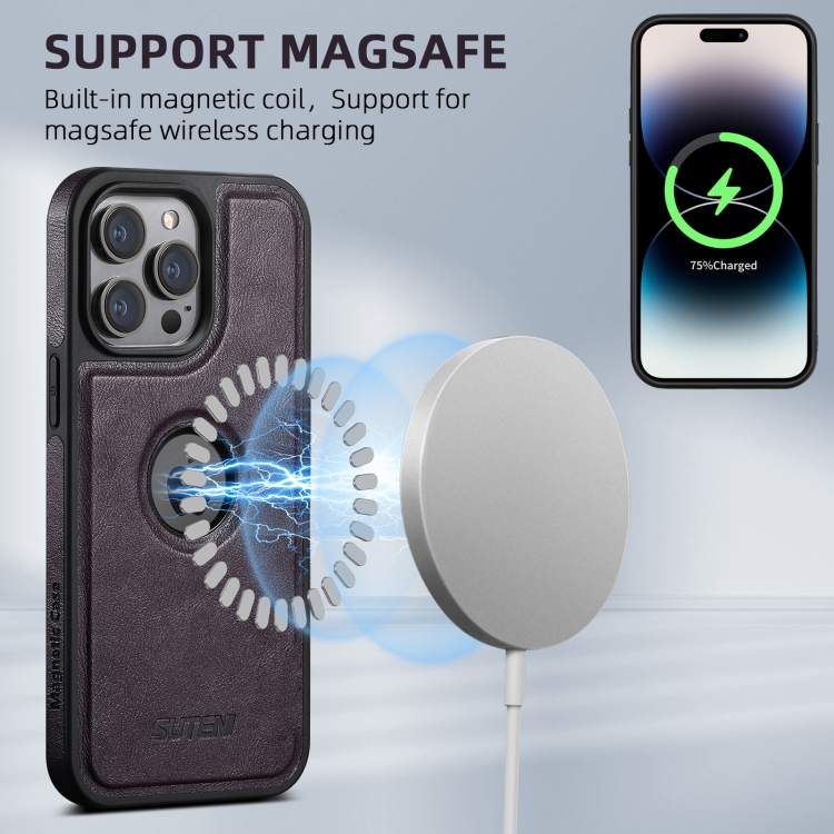 For iPhone 16 Pro Suteni G1 Magsafe Leather Back Phone Case(Purple) For iPhone 16 Pro Suteni G1 Magsafe Leather Back Phone Case(Purple)