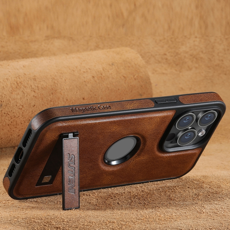 For iPhone 14 Suteni G2 Magsafe Oil Wax Leather Back Phone Case with Holder(Brown) - 1