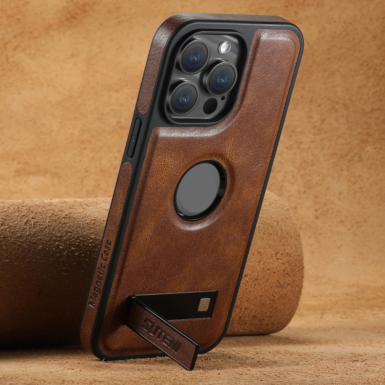 For iPhone 14 Suteni G2 Magsafe Oil Wax Leather Back Phone Case with Holder(Brown) - 2