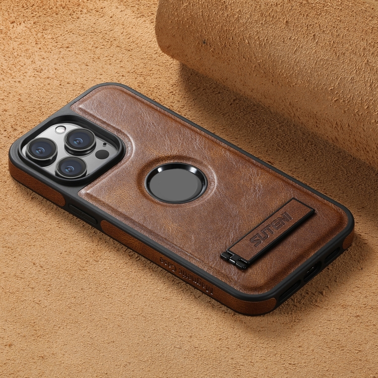 For iPhone 14 Suteni G2 Magsafe Oil Wax Leather Back Phone Case with Holder(Brown) - 3