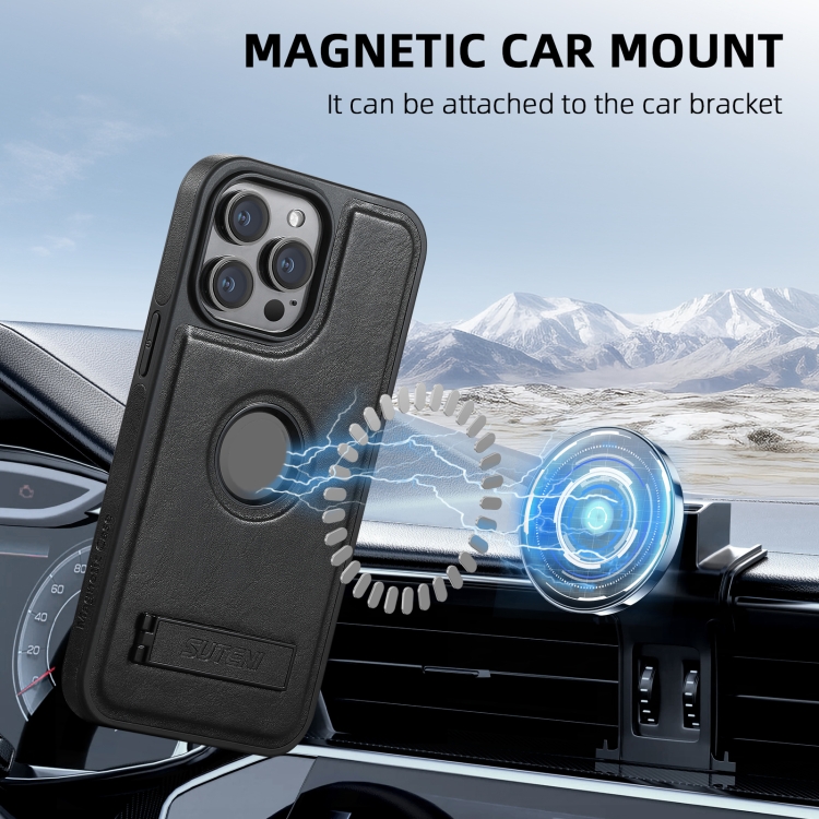 For iPhone 16 Plus Suteni G2 Magsafe Oil Wax Leather Back Phone Case with Holder(Black) For iPhone 16 Plus Suteni G2 Magsafe Oil Wax Leather Back Phone Case with Holder(Black)