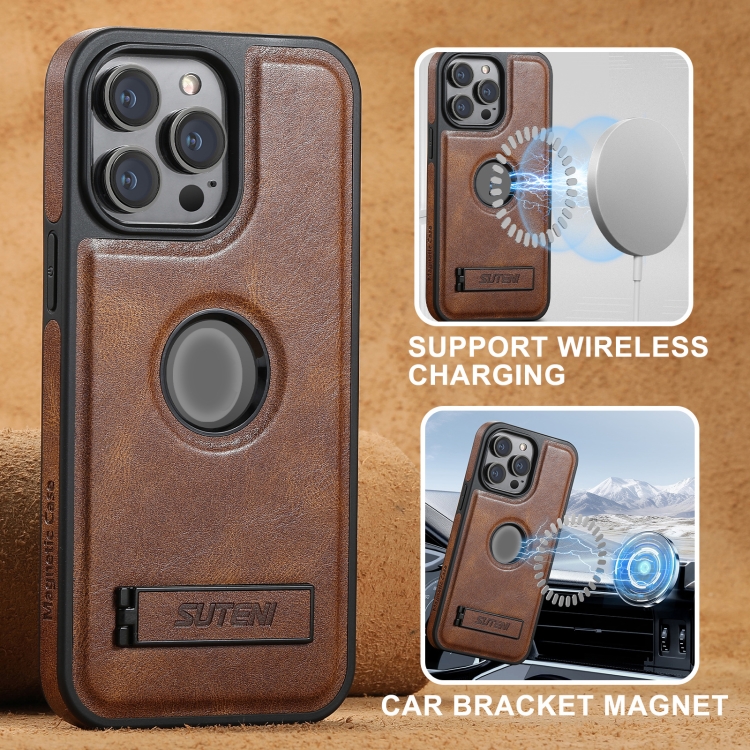 For iPhone 16 Plus Suteni G2 Magsafe Oil Wax Leather Back Phone Case with Holder(Black) For iPhone 16 Plus Suteni G2 Magsafe Oil Wax Leather Back Phone Case with Holder(Black)
